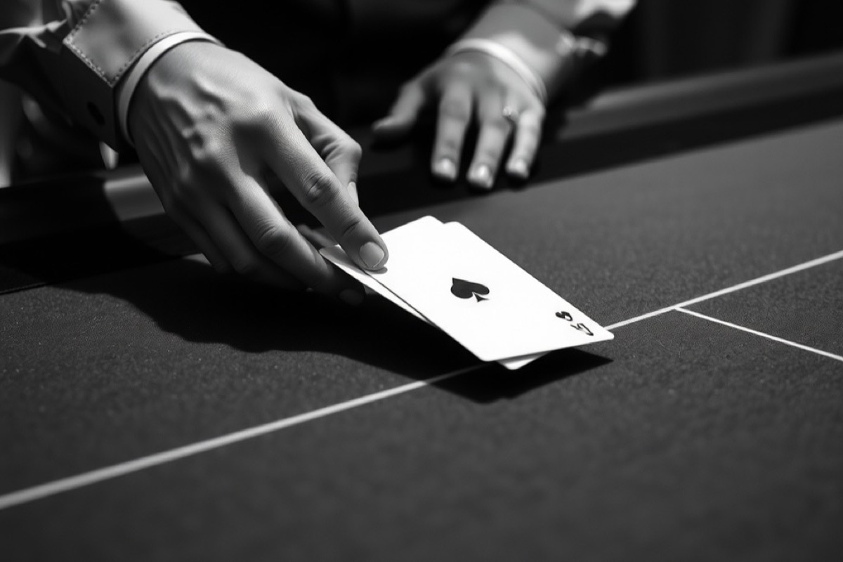 A croupier sliding two cards across a blackjack table