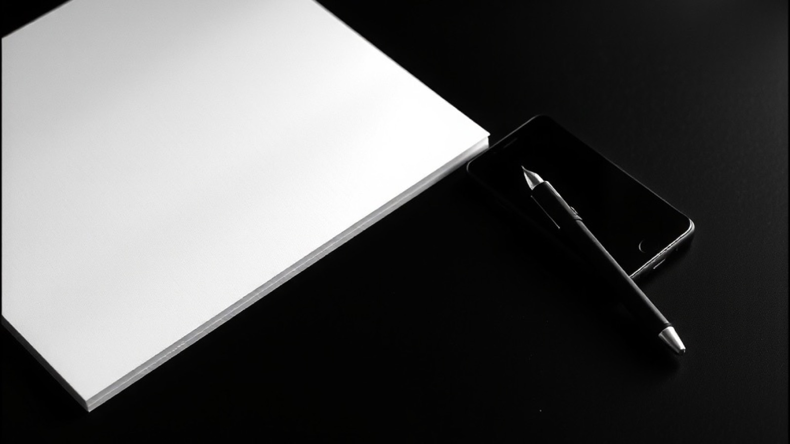 A pen and a smartphone on a dark desk beside a blank notepad