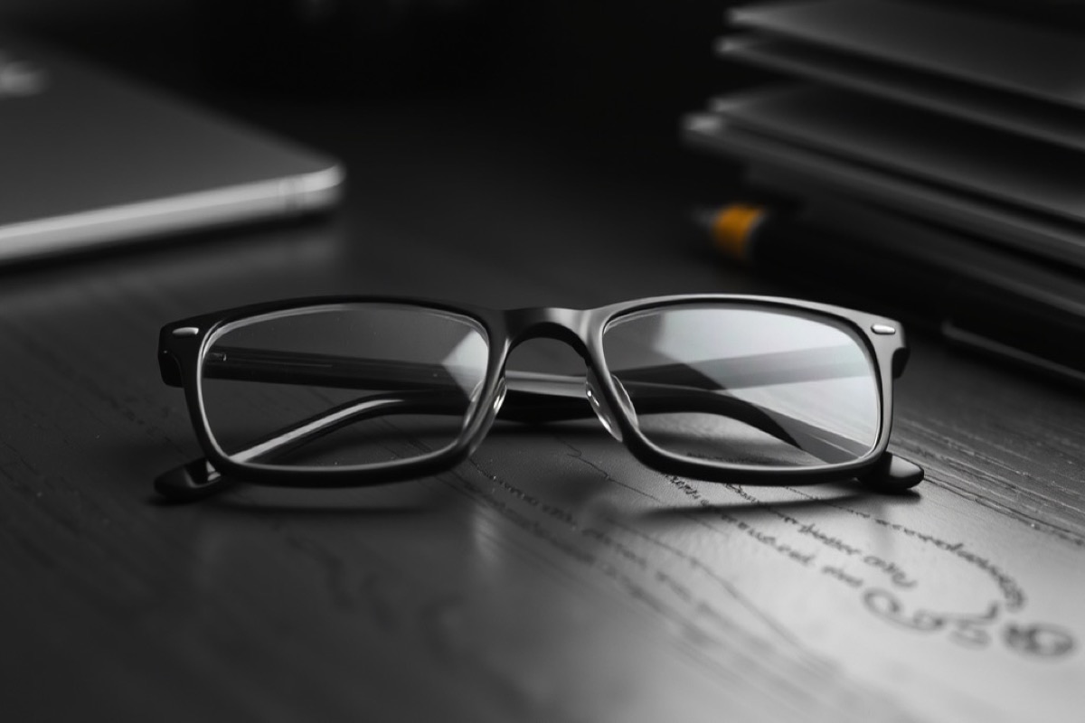 A pair of reading glasses lying on a dark wooden desk