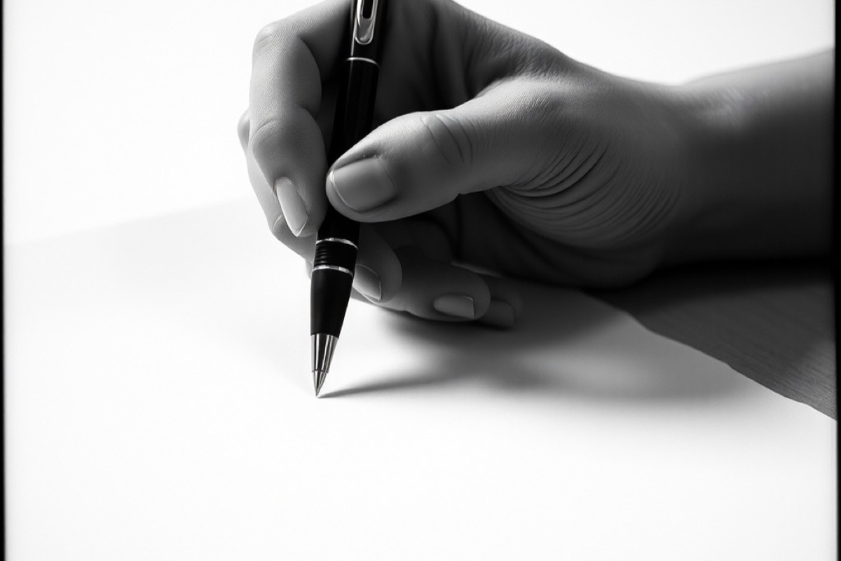 A hand holding a pen above a blank sheet of paper