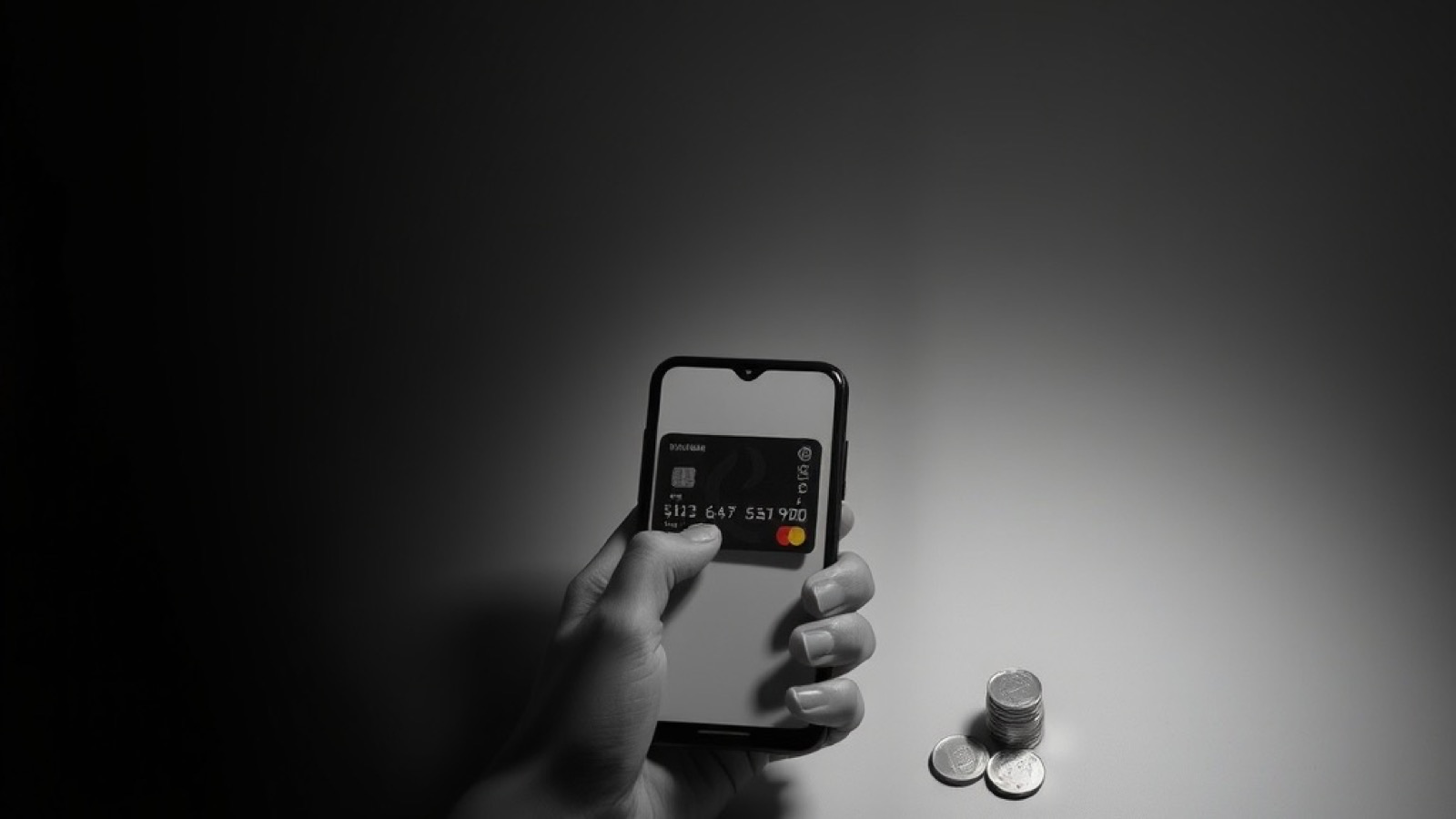 A hand holding a smartphone beside a payment card and coins