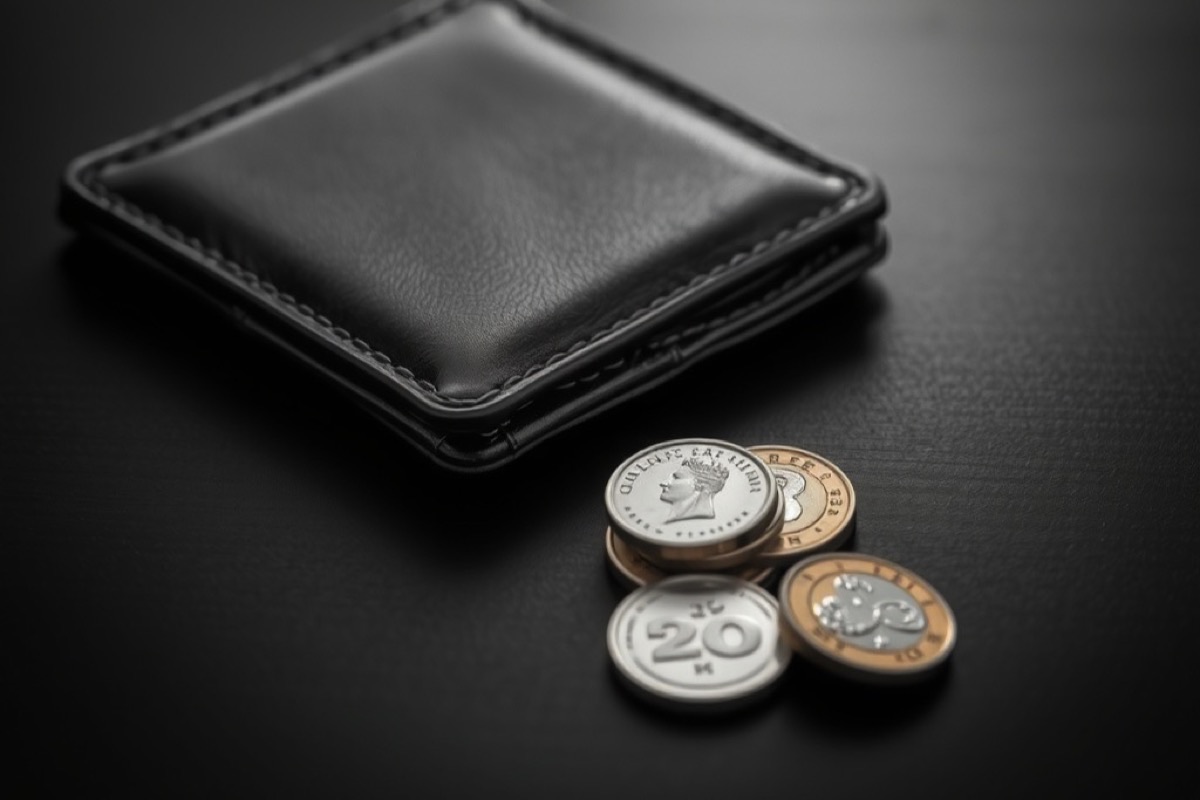 A small stack of coins beside a closed leather wallet