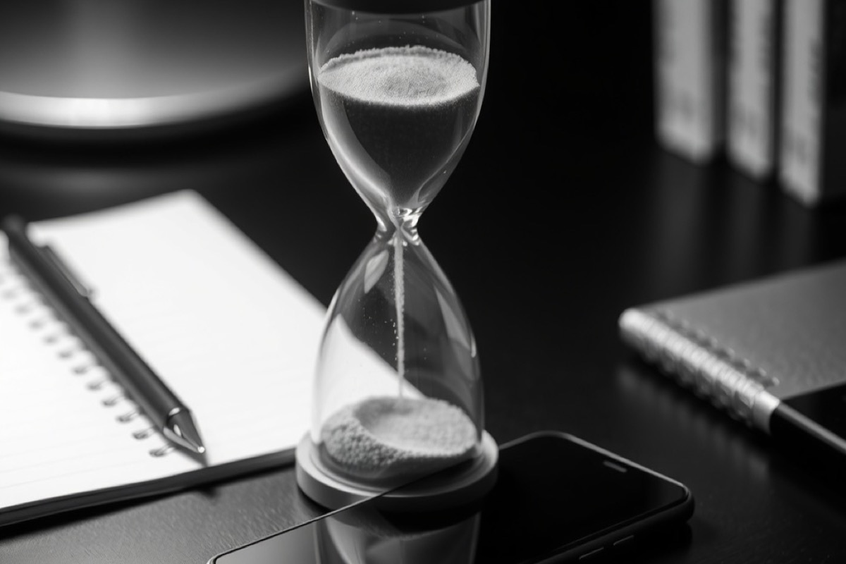 An hourglass standing beside a smartphone