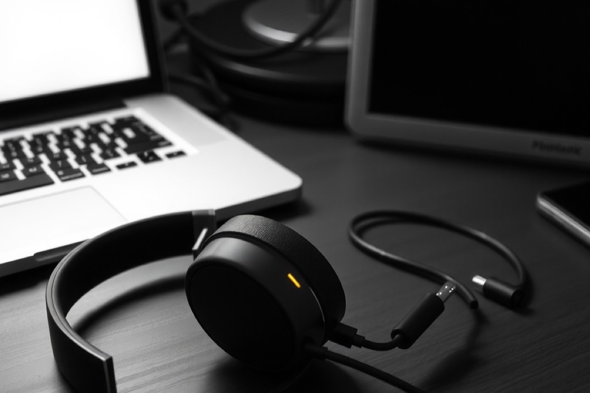 A headset lying on a desk beside an open laptop