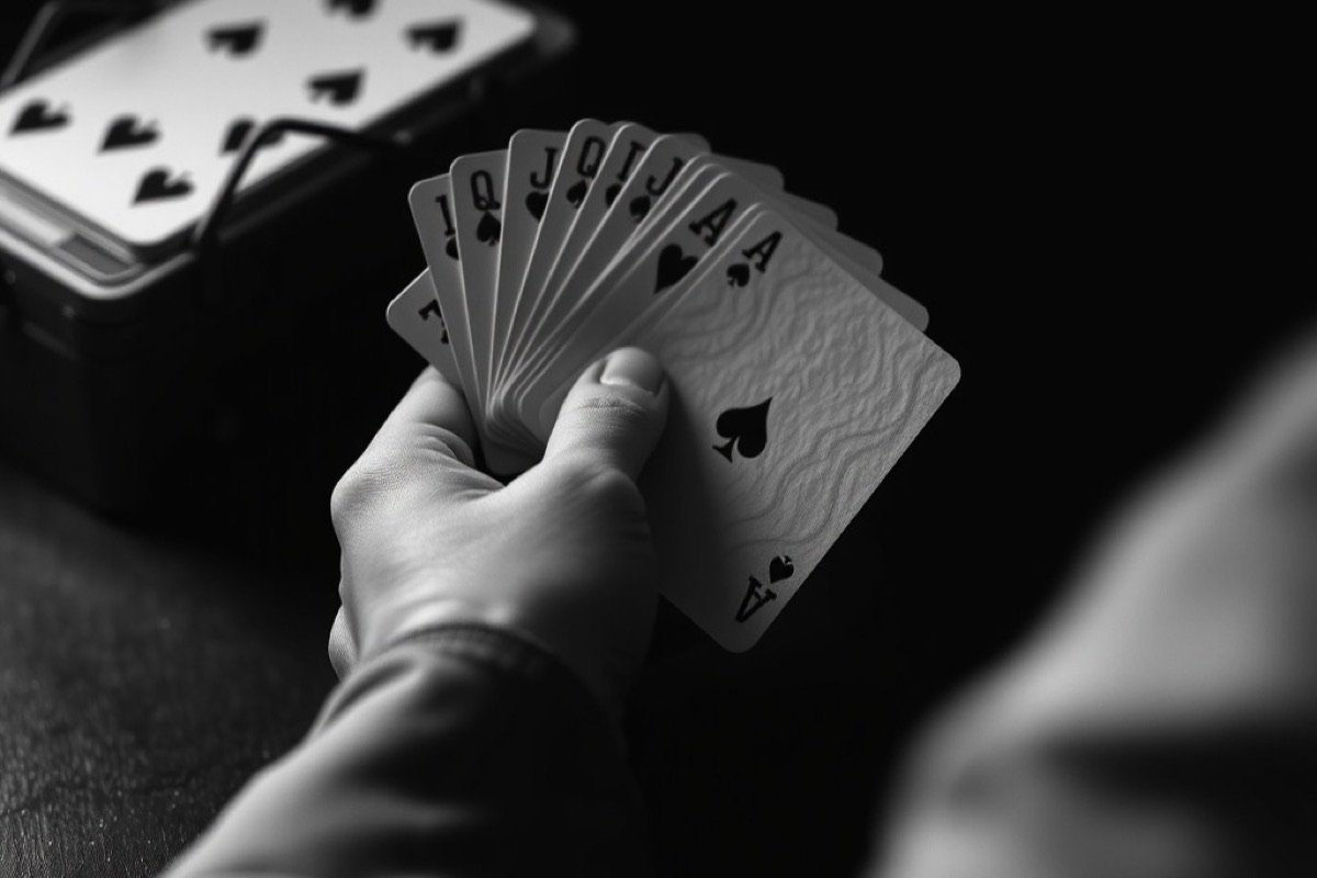 A hand holding a fan of rummy cards over a dark table
