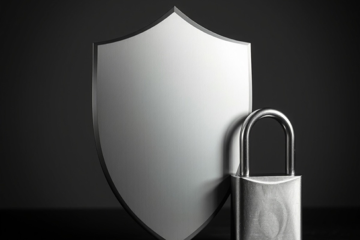 A plain polished metal shield standing beside a padlock