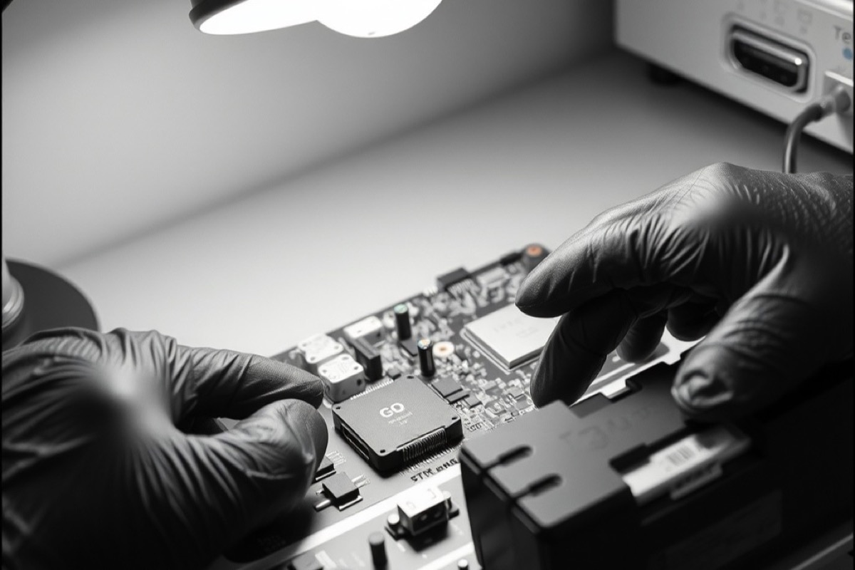 Gloved hands inspecting a circuit board under a desk lamp