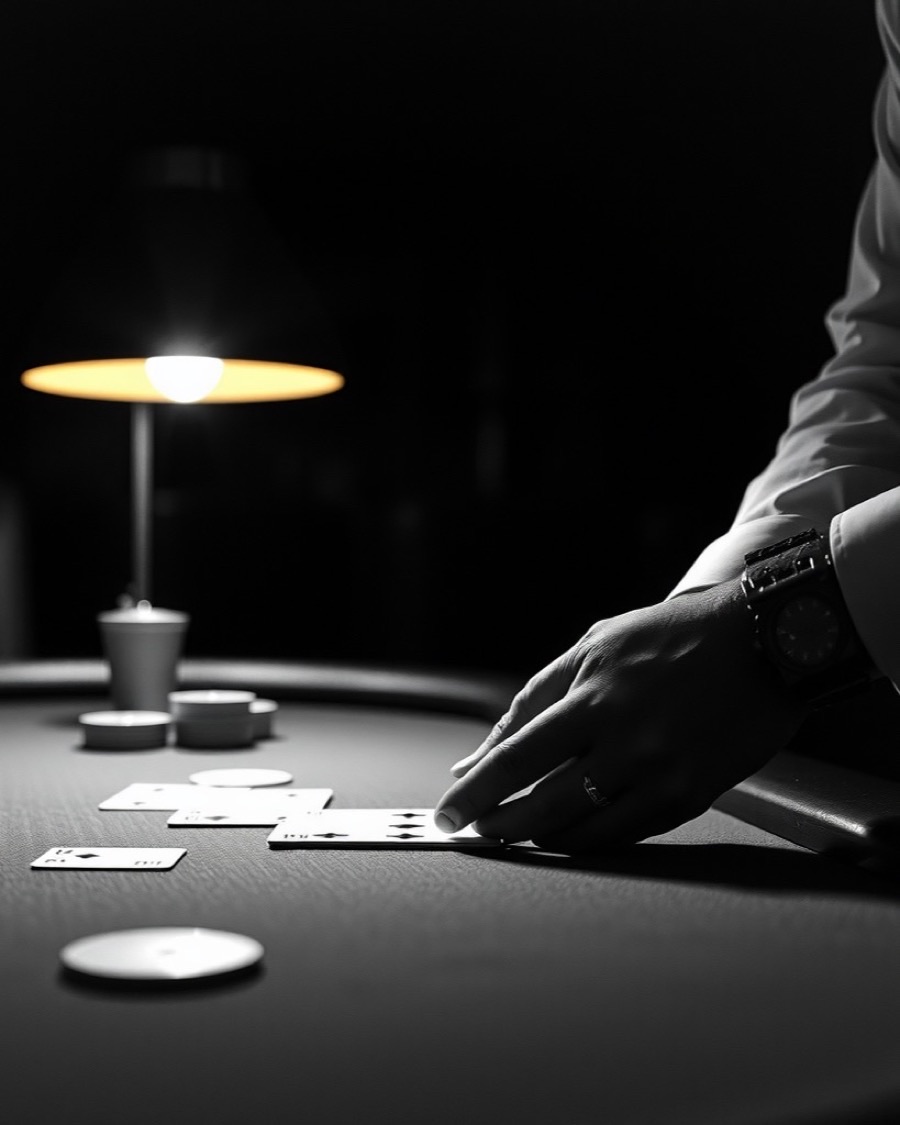 A croupier's hands dealing cards across a baize table under a low lamp