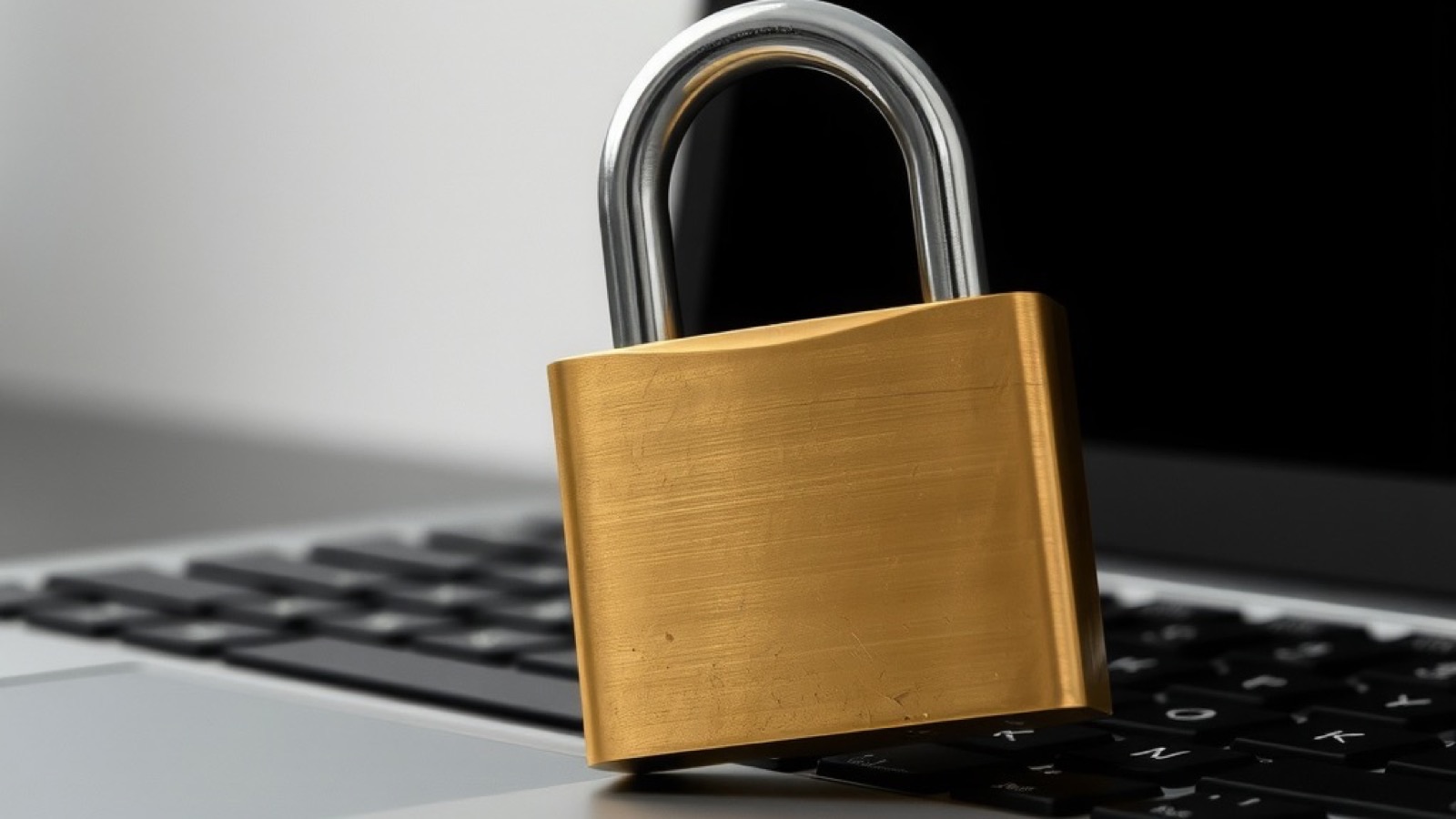 A brass padlock resting on a laptop keyboard