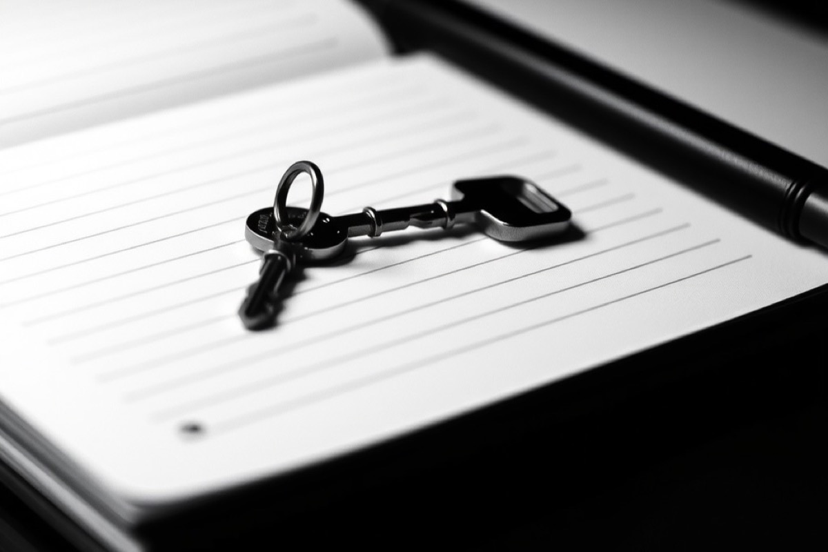 A small key resting on a closed notebook