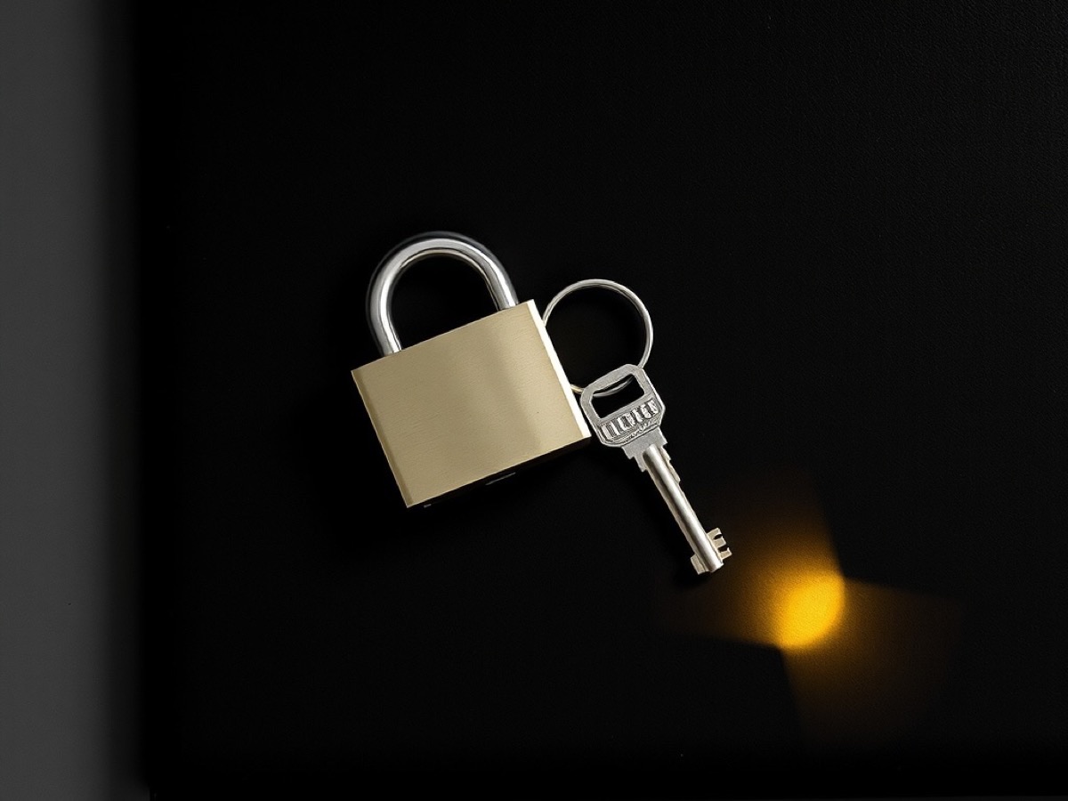A brass padlock and key resting on a closed leather folder