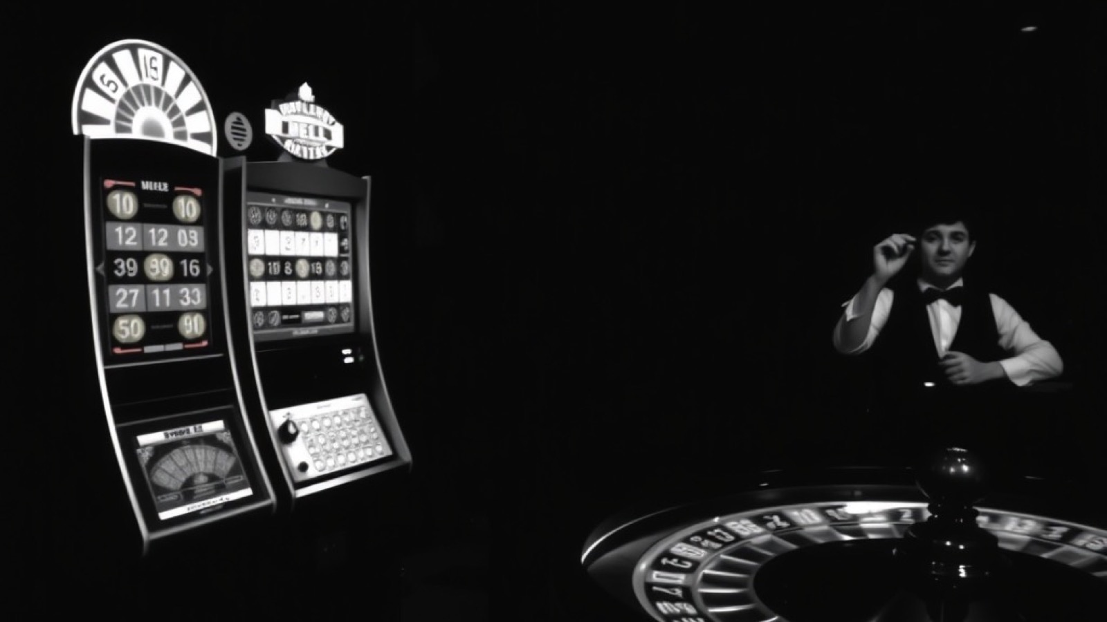A reel cabinet on the left and a croupier's roulette table on the right