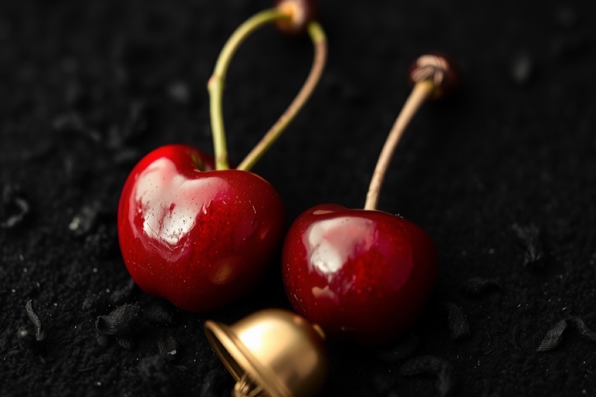 Two cherries and a small brass bell lying on dark felt