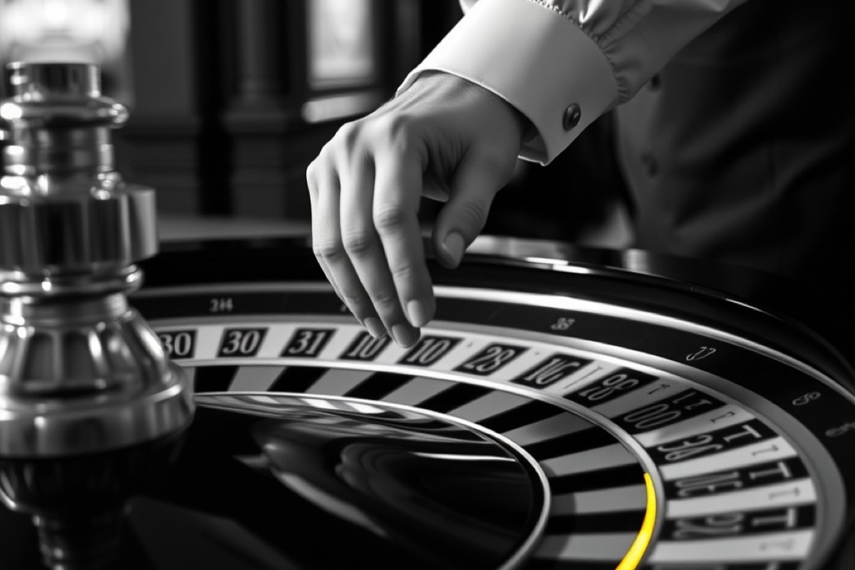 A croupier's hand spinning a roulette wheel