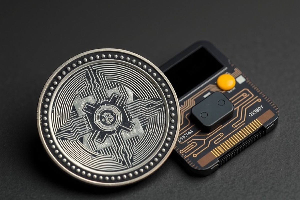 A circuit-engraved coin beside a hardware wallet device