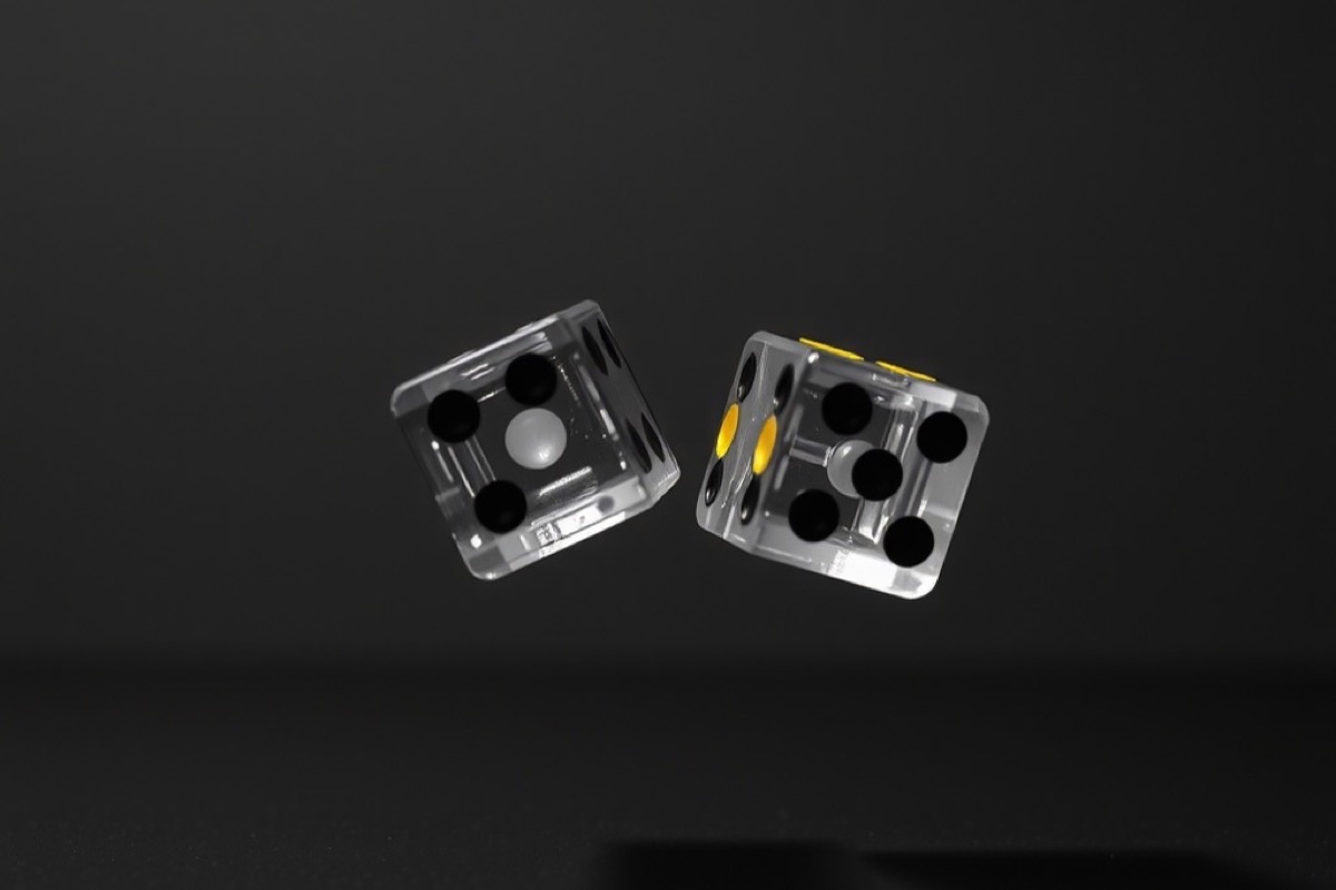 Two translucent dice frozen mid-air above a dark table